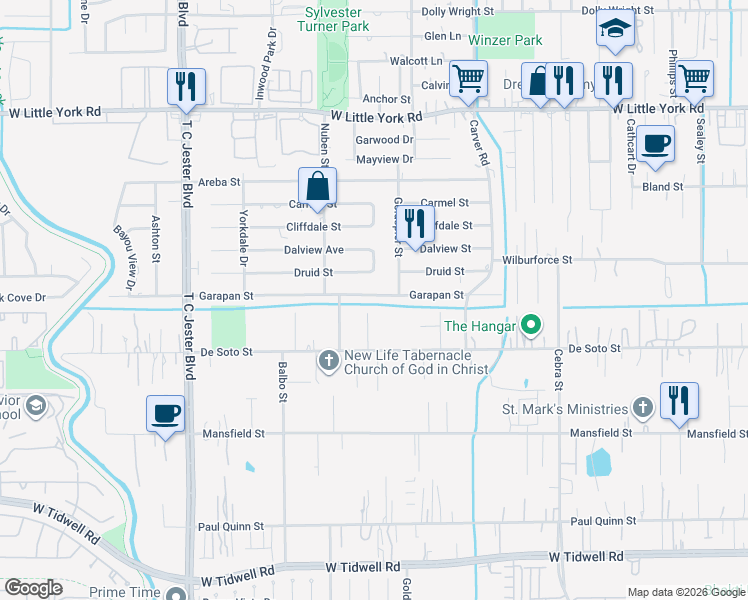 map of restaurants, bars, coffee shops, grocery stores, and more near 2525 Garapan Street in Houston