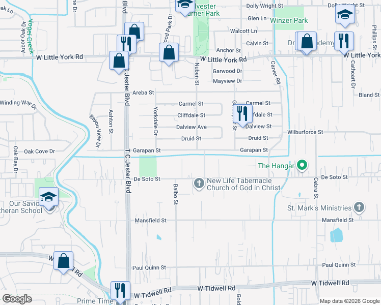 map of restaurants, bars, coffee shops, grocery stores, and more near 2909 Garapan Street in Houston