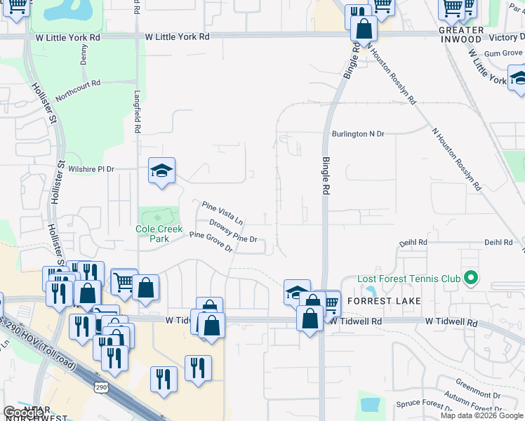 map of restaurants, bars, coffee shops, grocery stores, and more near 6922 Pine Vista Lane in Houston