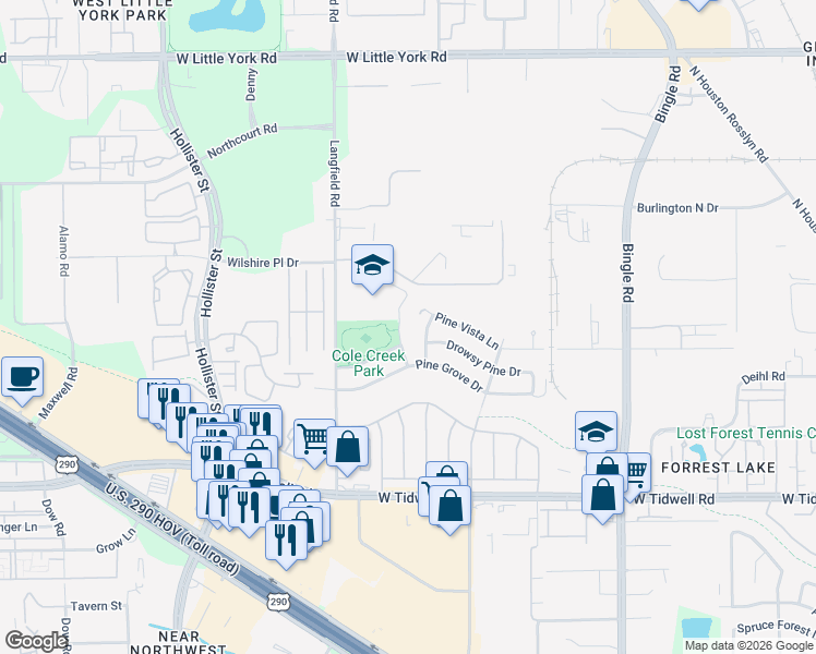 map of restaurants, bars, coffee shops, grocery stores, and more near 6018 Pine Bark Drive in Houston