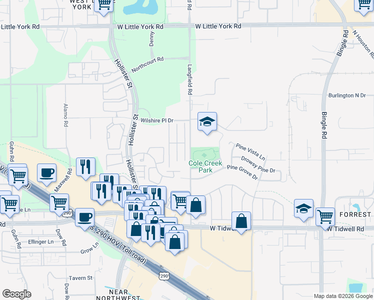 map of restaurants, bars, coffee shops, grocery stores, and more near 6322 Wilshire Fern in Houston