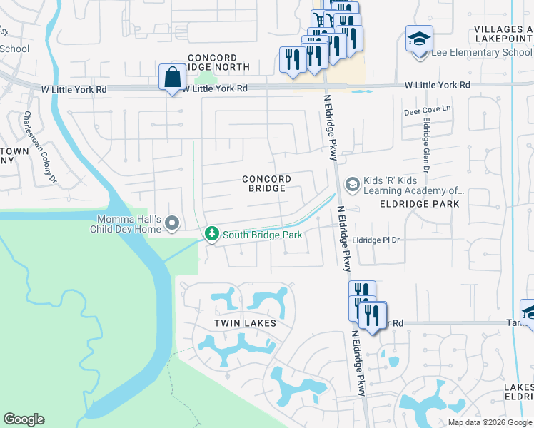 map of restaurants, bars, coffee shops, grocery stores, and more near 13415 Harpers Bridge Drive in Houston