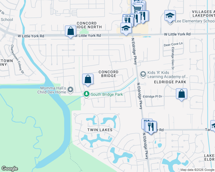 map of restaurants, bars, coffee shops, grocery stores, and more near 13415 Harpers Bridge Drive in Houston