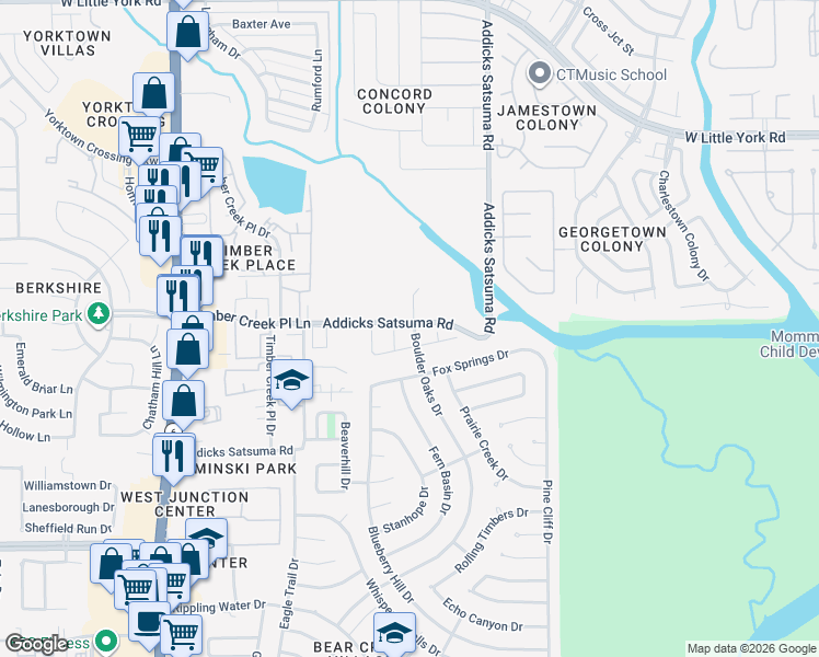 map of restaurants, bars, coffee shops, grocery stores, and more near 15515 Boulder Oaks Drive in Houston