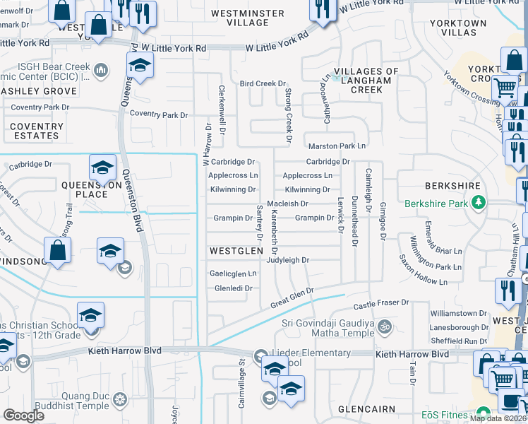 map of restaurants, bars, coffee shops, grocery stores, and more near 5323 Karenbeth Drive in Houston