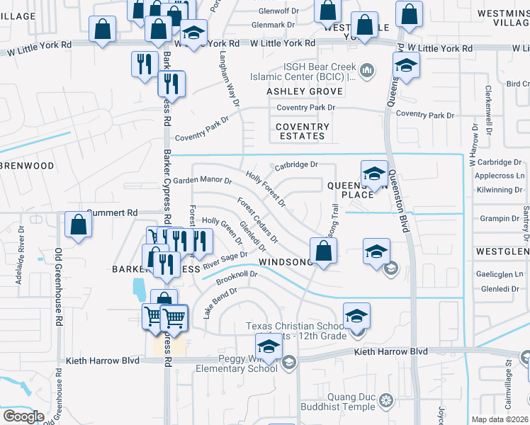 map of restaurants, bars, coffee shops, grocery stores, and more near 18090 Forest Cedars Drive in Houston