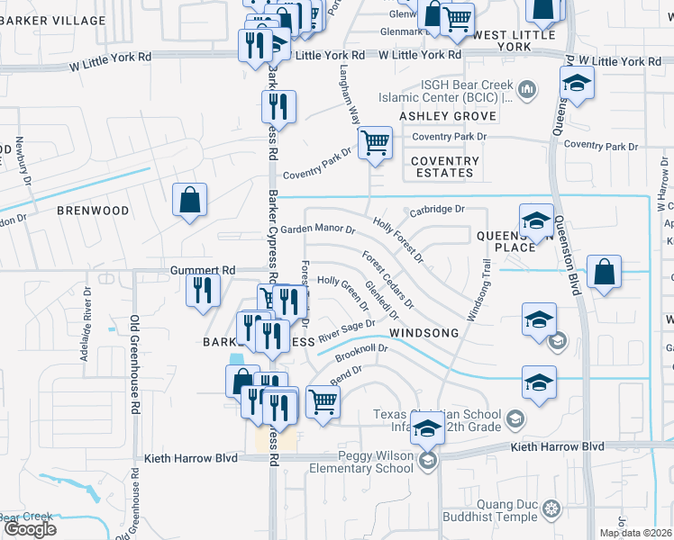 map of restaurants, bars, coffee shops, grocery stores, and more near 18162 Holly Green Drive in Houston