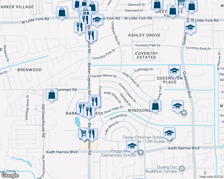 map of restaurants, bars, coffee shops, grocery stores, and more near 18162 Holly Green Drive in Houston