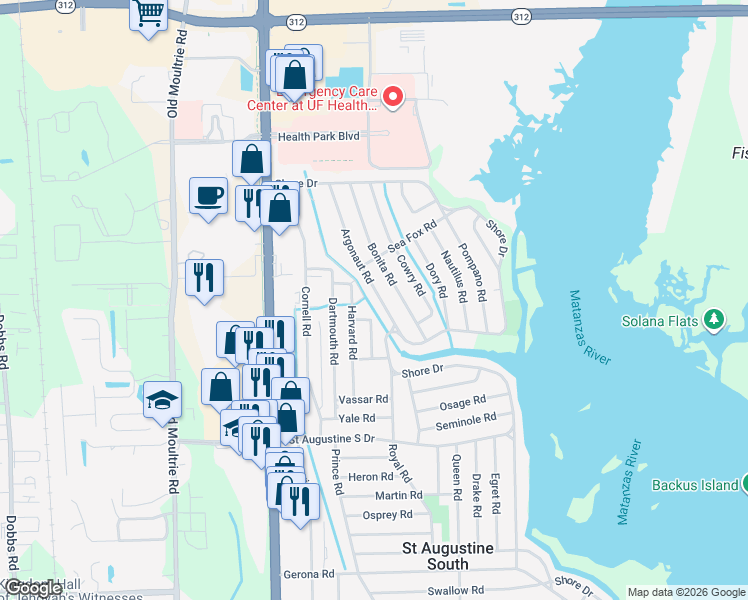 map of restaurants, bars, coffee shops, grocery stores, and more near 234 Argonaut Road in St. Augustine