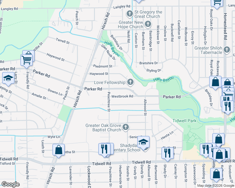 map of restaurants, bars, coffee shops, grocery stores, and more near 5436 Westbrook Road in Houston