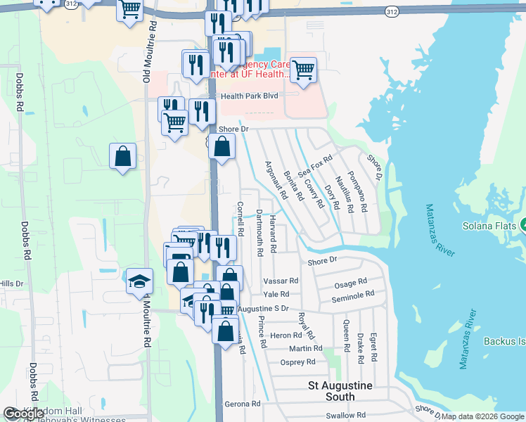 map of restaurants, bars, coffee shops, grocery stores, and more near 116 Harvard Road in St. Augustine