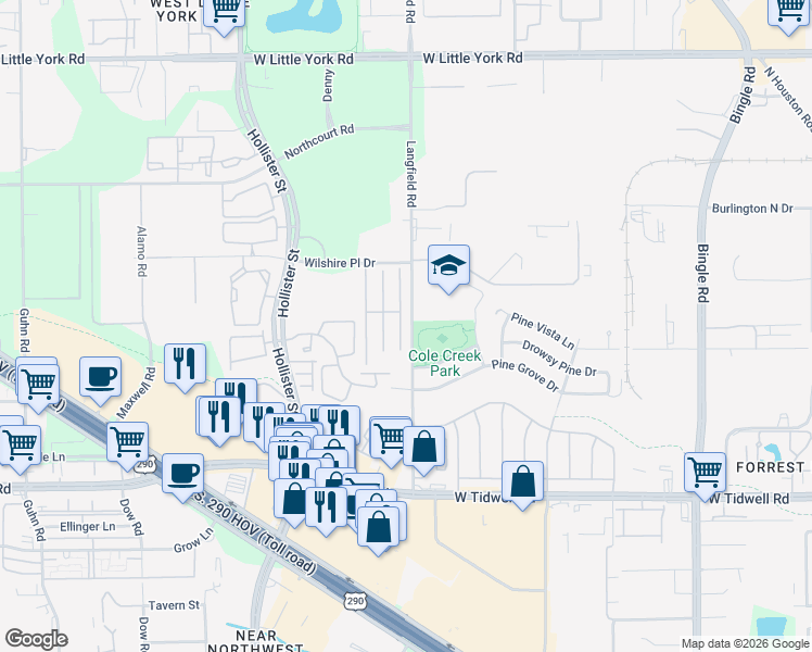 map of restaurants, bars, coffee shops, grocery stores, and more near 6318 Wilshire Fern in Houston