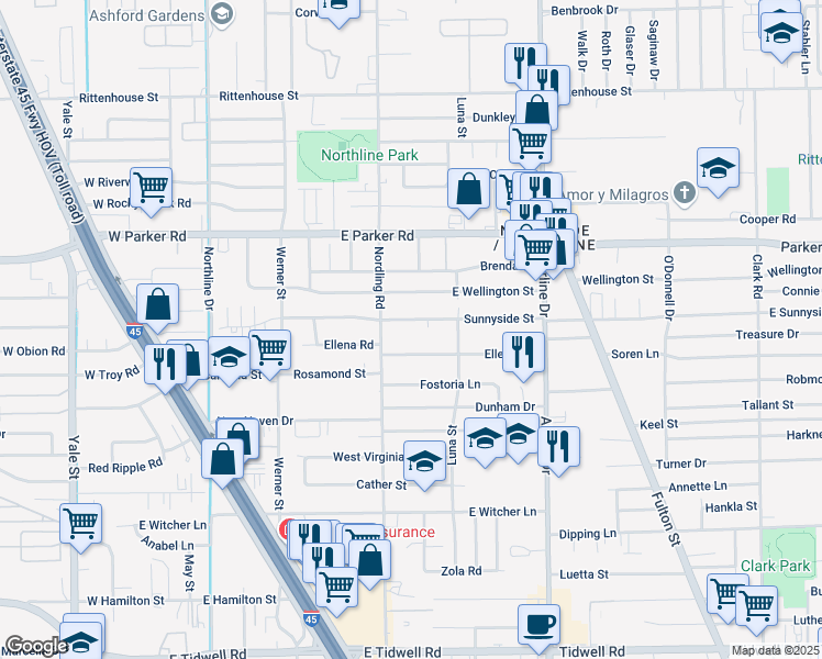 map of restaurants, bars, coffee shops, grocery stores, and more near 621 Ellena Road in Houston