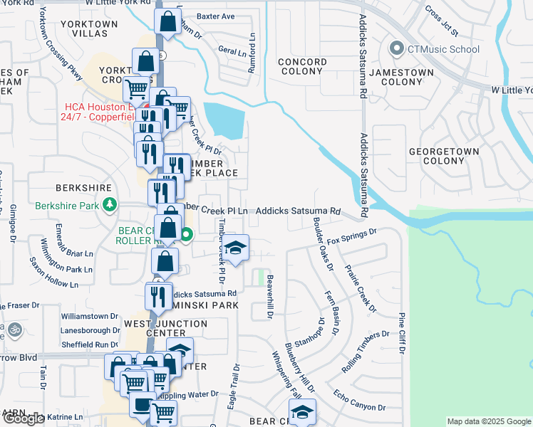 map of restaurants, bars, coffee shops, grocery stores, and more near 5530 Addicks Satsuma Road in Houston