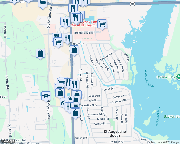 map of restaurants, bars, coffee shops, grocery stores, and more near 116 Harvard Road in St. Augustine