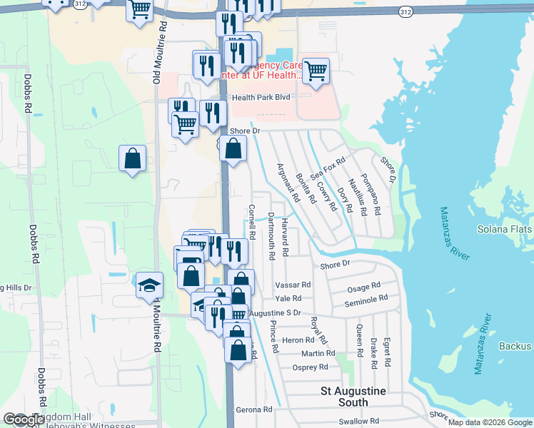 map of restaurants, bars, coffee shops, grocery stores, and more near 221 Cornell Road in St. Augustine