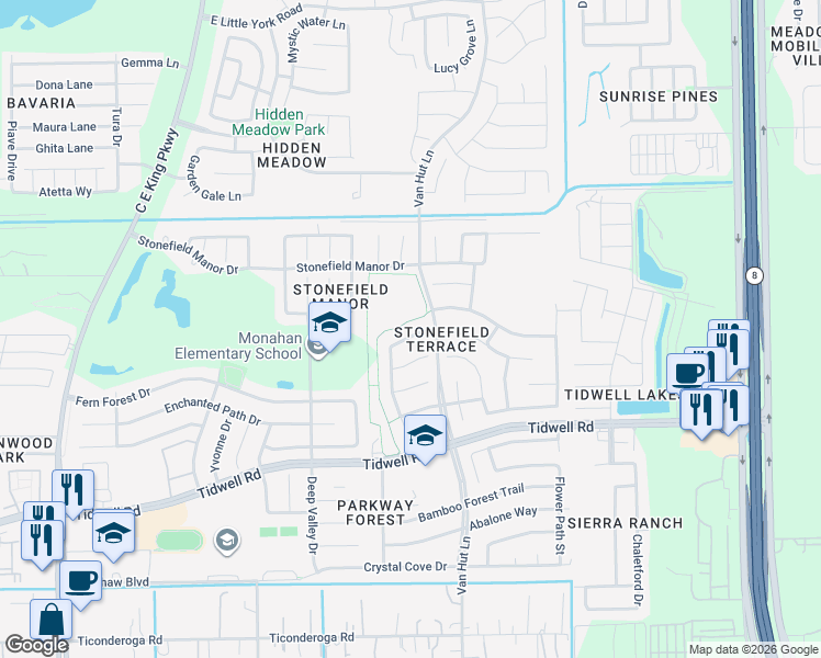 map of restaurants, bars, coffee shops, grocery stores, and more near 12918 Harvest Run Lane in Houston