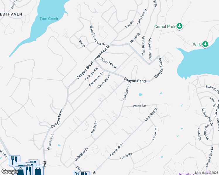 map of restaurants, bars, coffee shops, grocery stores, and more near 831 Gallagher Drive in Canyon Lake