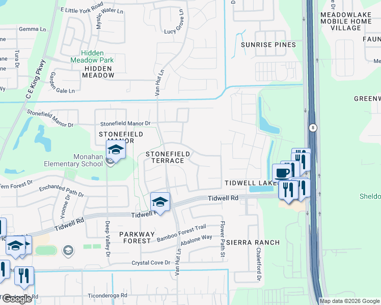 map of restaurants, bars, coffee shops, grocery stores, and more near 13043 Sandhill Park Lane in Houston