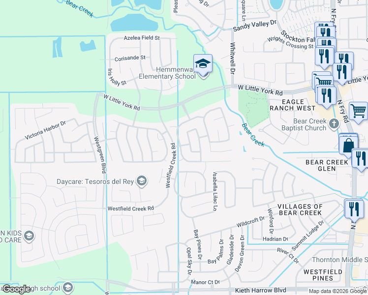 map of restaurants, bars, coffee shops, grocery stores, and more near 5403 Rustling Gates Lane in Katy