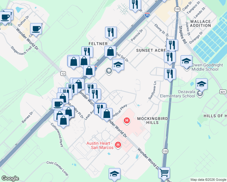 map of restaurants, bars, coffee shops, grocery stores, and more near 1001 Leah Avenue in San Marcos