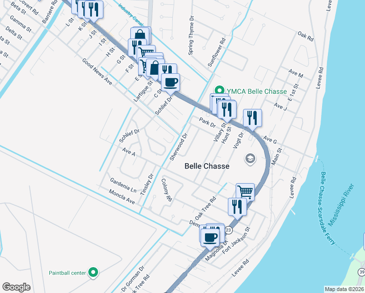 map of restaurants, bars, coffee shops, grocery stores, and more near 107 Brentwood Drive in Belle Chasse