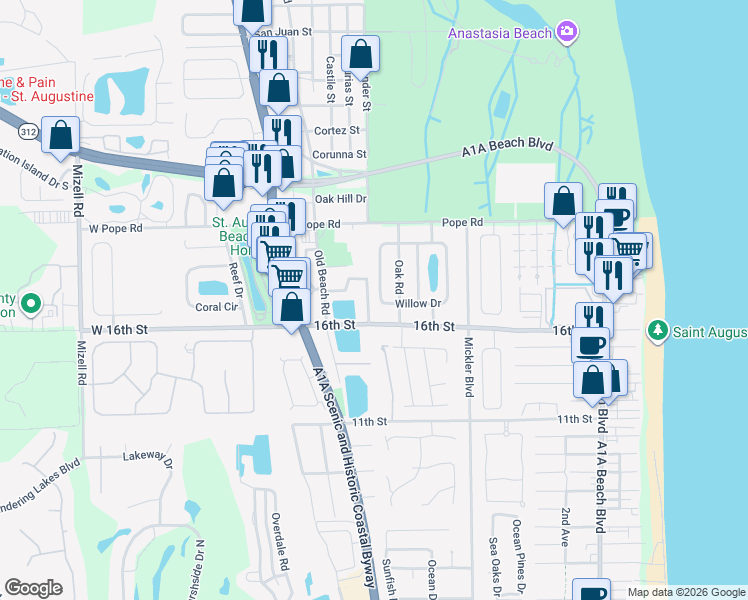 map of restaurants, bars, coffee shops, grocery stores, and more near 157 Kings Quarry Lane in St. Augustine