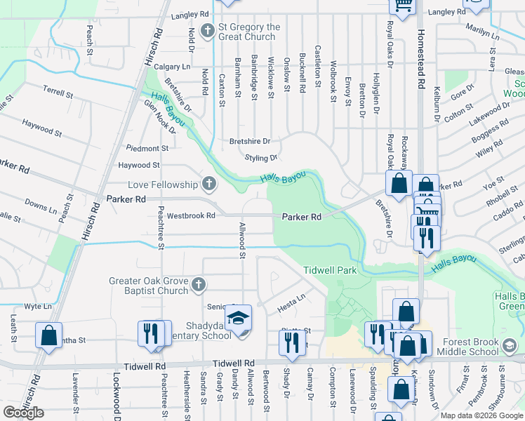map of restaurants, bars, coffee shops, grocery stores, and more near 6109 Parker Road in Houston