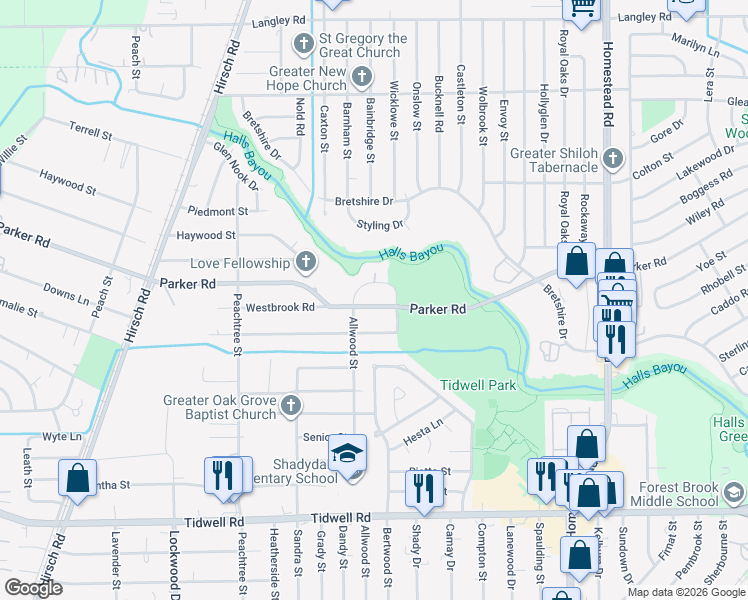 map of restaurants, bars, coffee shops, grocery stores, and more near 6109 Parker Road in Houston