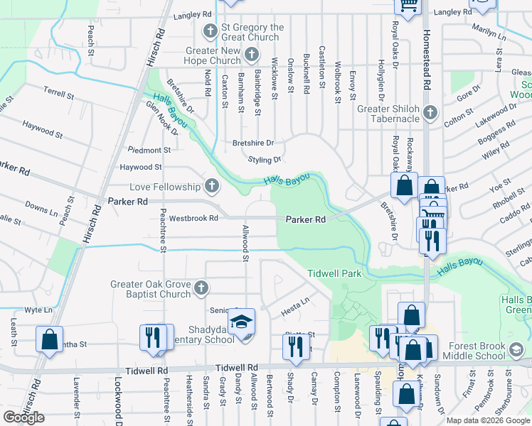 map of restaurants, bars, coffee shops, grocery stores, and more near 6109 Parker Road in Houston