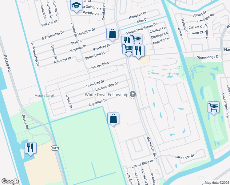 map of restaurants, bars, coffee shops, grocery stores, and more near 2005 Sugarloaf Drive in Harvey