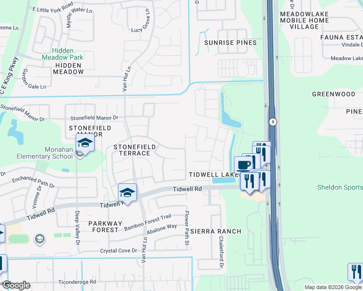map of restaurants, bars, coffee shops, grocery stores, and more near 9110 Highland Lodge Lane in Houston