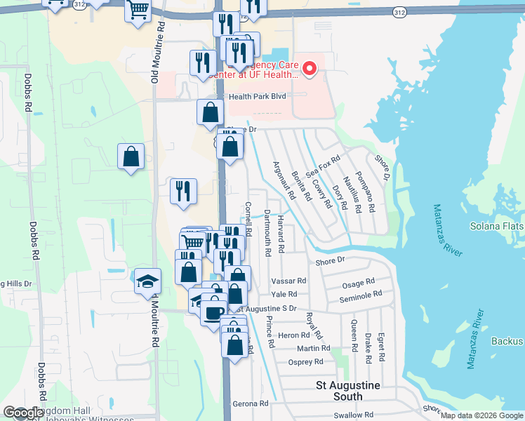 map of restaurants, bars, coffee shops, grocery stores, and more near 221 Cornell Road in St. Augustine