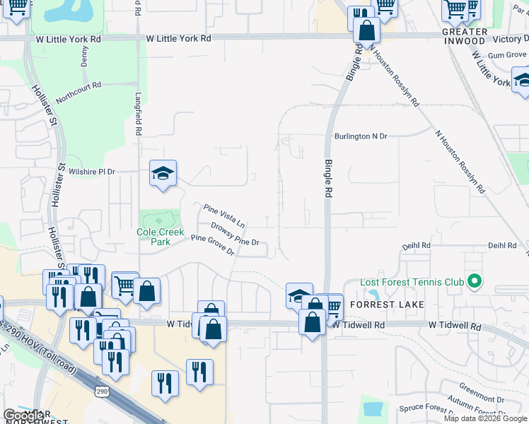 map of restaurants, bars, coffee shops, grocery stores, and more near 6922 Pine Vista Lane in Houston