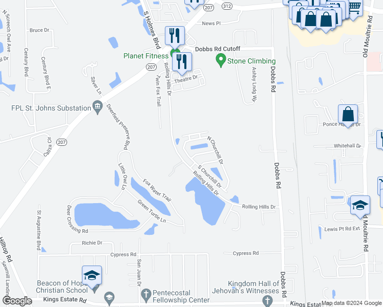 map of restaurants, bars, coffee shops, grocery stores, and more near 404 Chamberlain Drive in St. Augustine