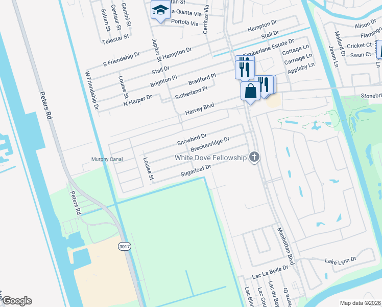 map of restaurants, bars, coffee shops, grocery stores, and more near 2133 Killington Drive in Harvey