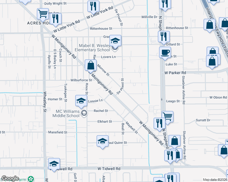 map of restaurants, bars, coffee shops, grocery stores, and more near 6517 West Montgomery Road in Houston