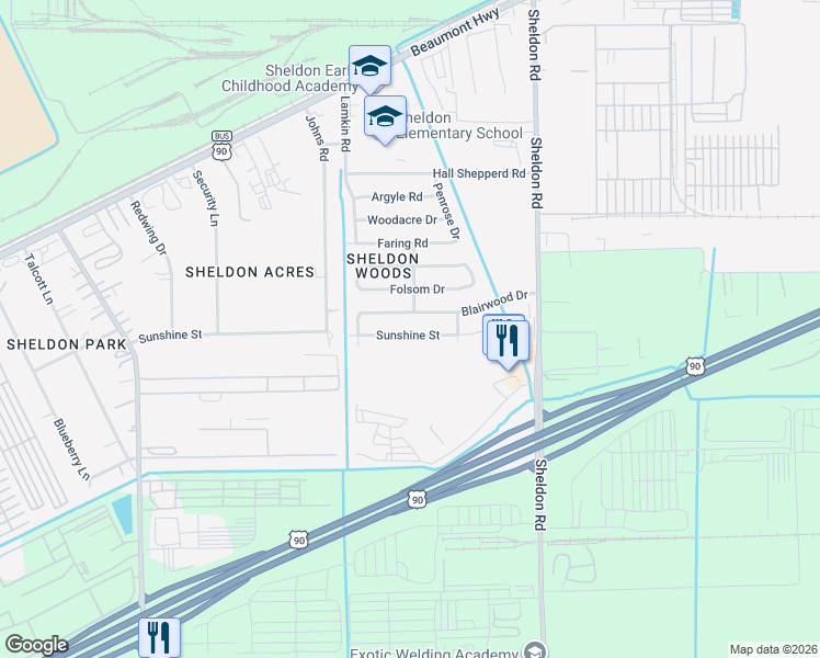 map of restaurants, bars, coffee shops, grocery stores, and more near 17022 Sunshine Street in Houston