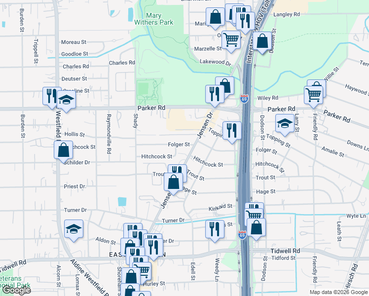 map of restaurants, bars, coffee shops, grocery stores, and more near in Houston