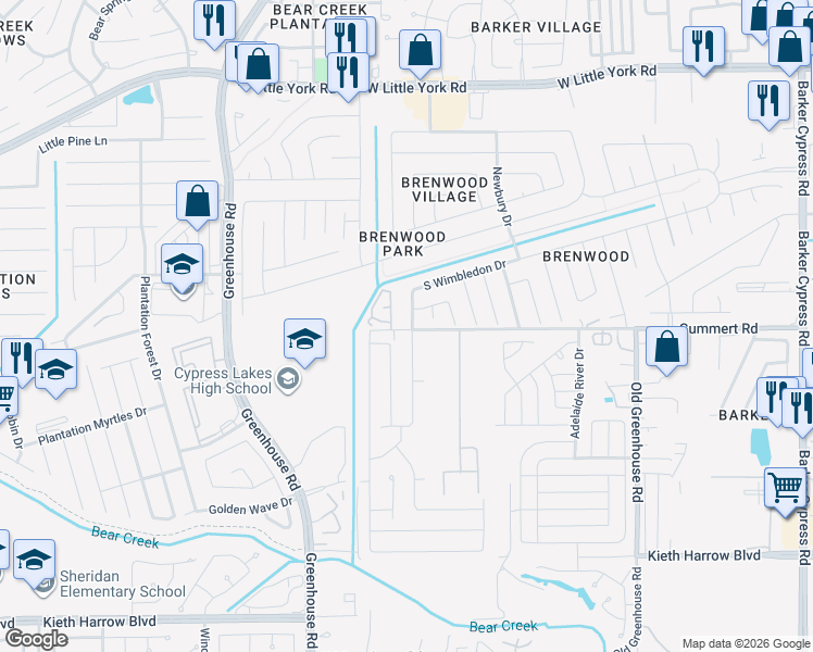 map of restaurants, bars, coffee shops, grocery stores, and more near 5854 South Brenwood Drive in Katy