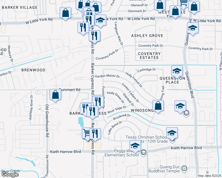 map of restaurants, bars, coffee shops, grocery stores, and more near 18162 Holly Green Drive in Houston