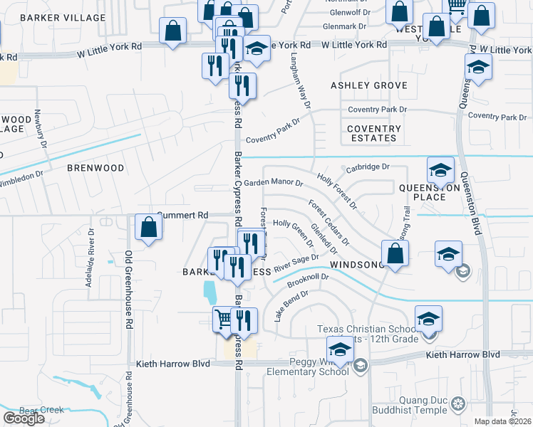map of restaurants, bars, coffee shops, grocery stores, and more near 5603 Forest Trails Drive in Houston