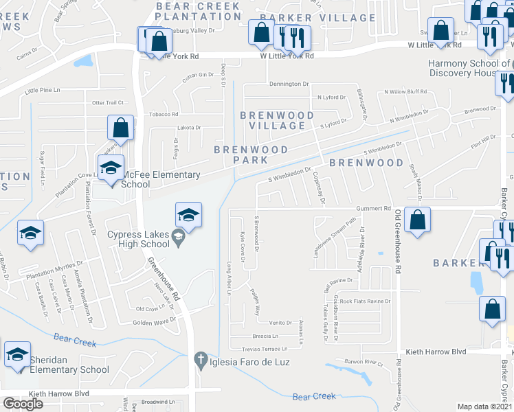 map of restaurants, bars, coffee shops, grocery stores, and more near 5746 South Brenwood Drive in Katy