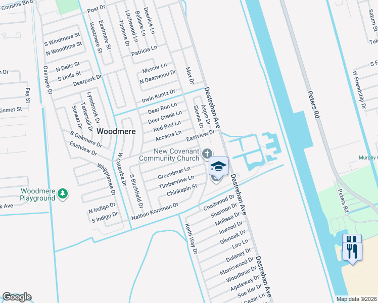 map of restaurants, bars, coffee shops, grocery stores, and more near 3809 Chriswood Lane in Harvey