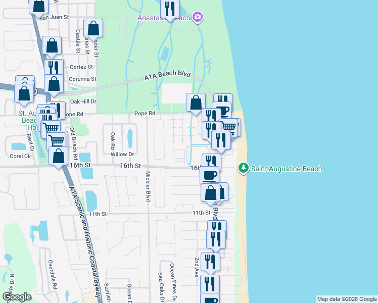 map of restaurants, bars, coffee shops, grocery stores, and more near 214 Atlantis Circle in St. Augustine Beach