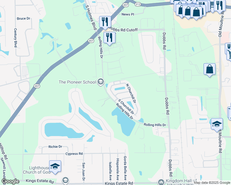 map of restaurants, bars, coffee shops, grocery stores, and more near 113 North Churchill Drive in St. Augustine
