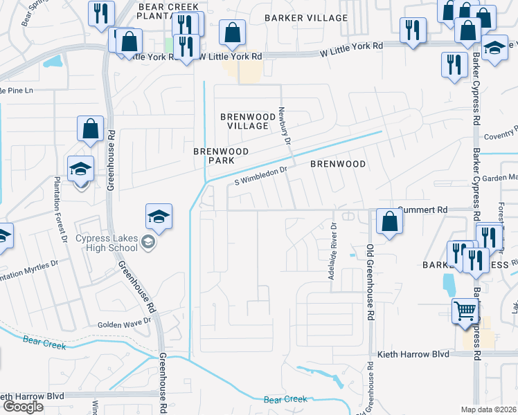 map of restaurants, bars, coffee shops, grocery stores, and more near 19022 Gummert Road in Katy