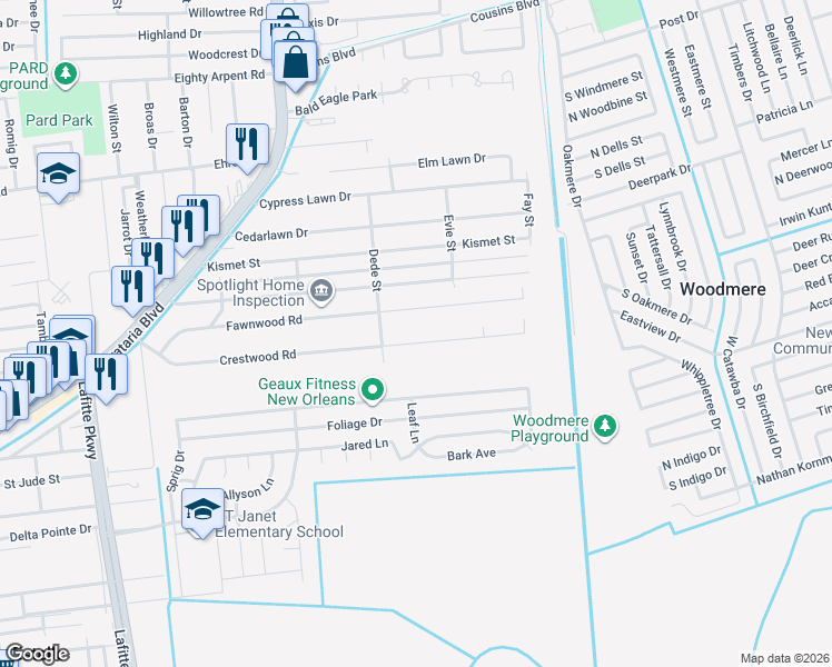 map of restaurants, bars, coffee shops, grocery stores, and more near 2616 Crestwood Road in Marrero