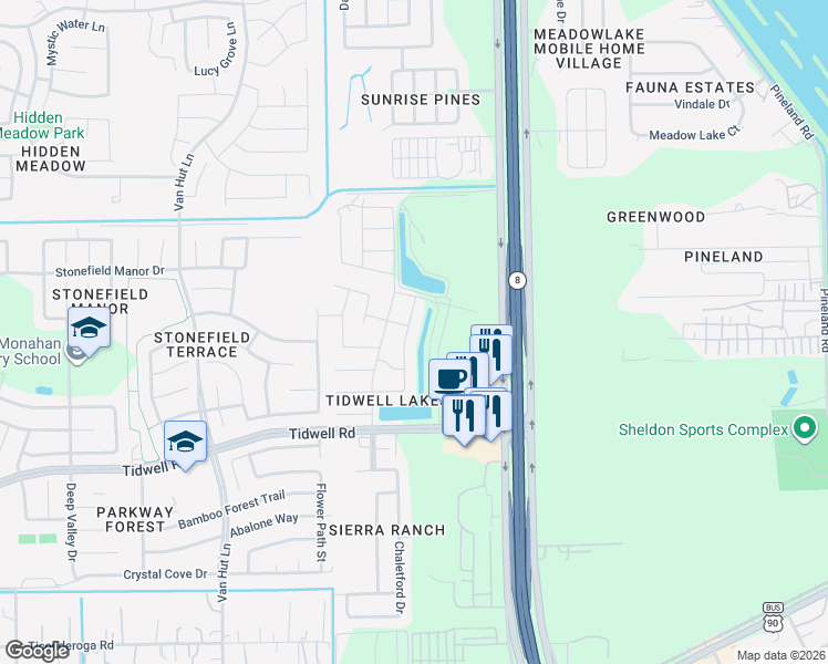 map of restaurants, bars, coffee shops, grocery stores, and more near 9119 Saint Laurent Lane in Houston