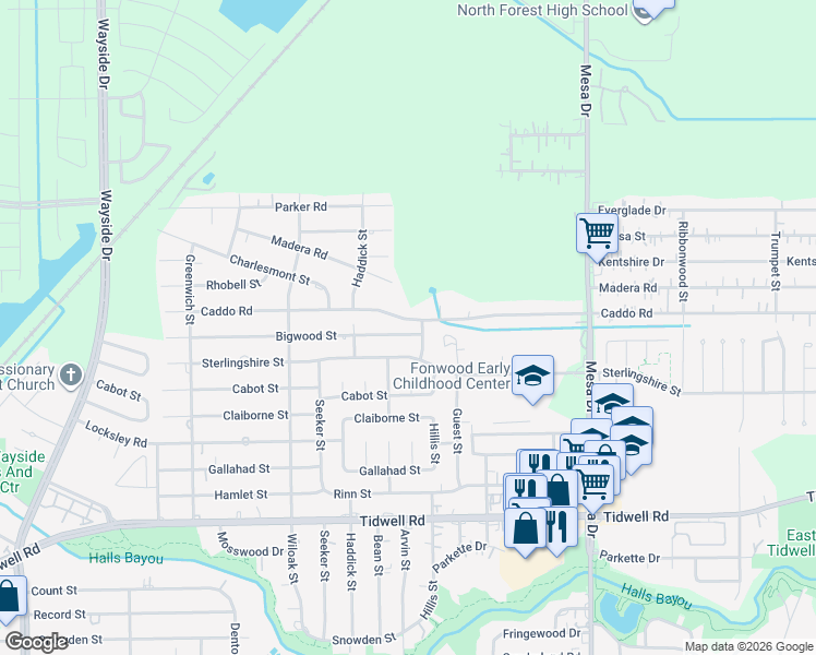 map of restaurants, bars, coffee shops, grocery stores, and more near 8442 Bigwood Street in Houston